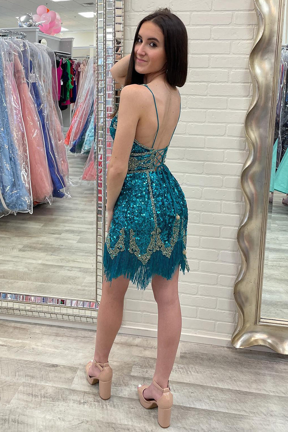 Turquoise Homecoming Dress Sequined Prom Dress With Fringes