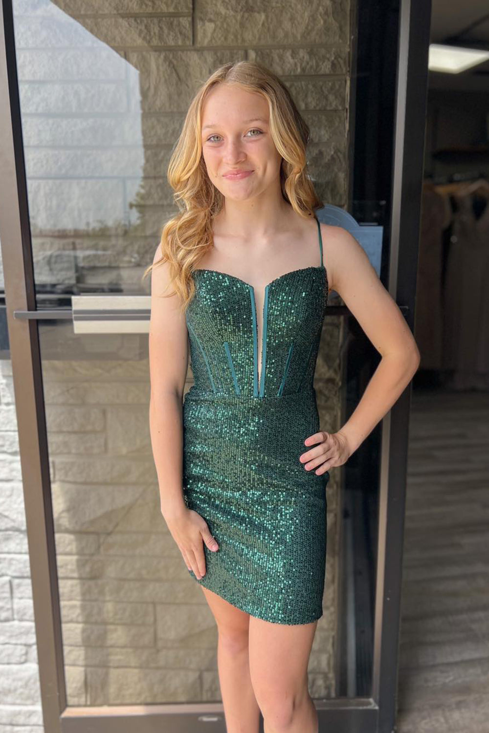 Dark Green Homecoming Dress Corset Sequin Sleeveless Tight Prom Dress