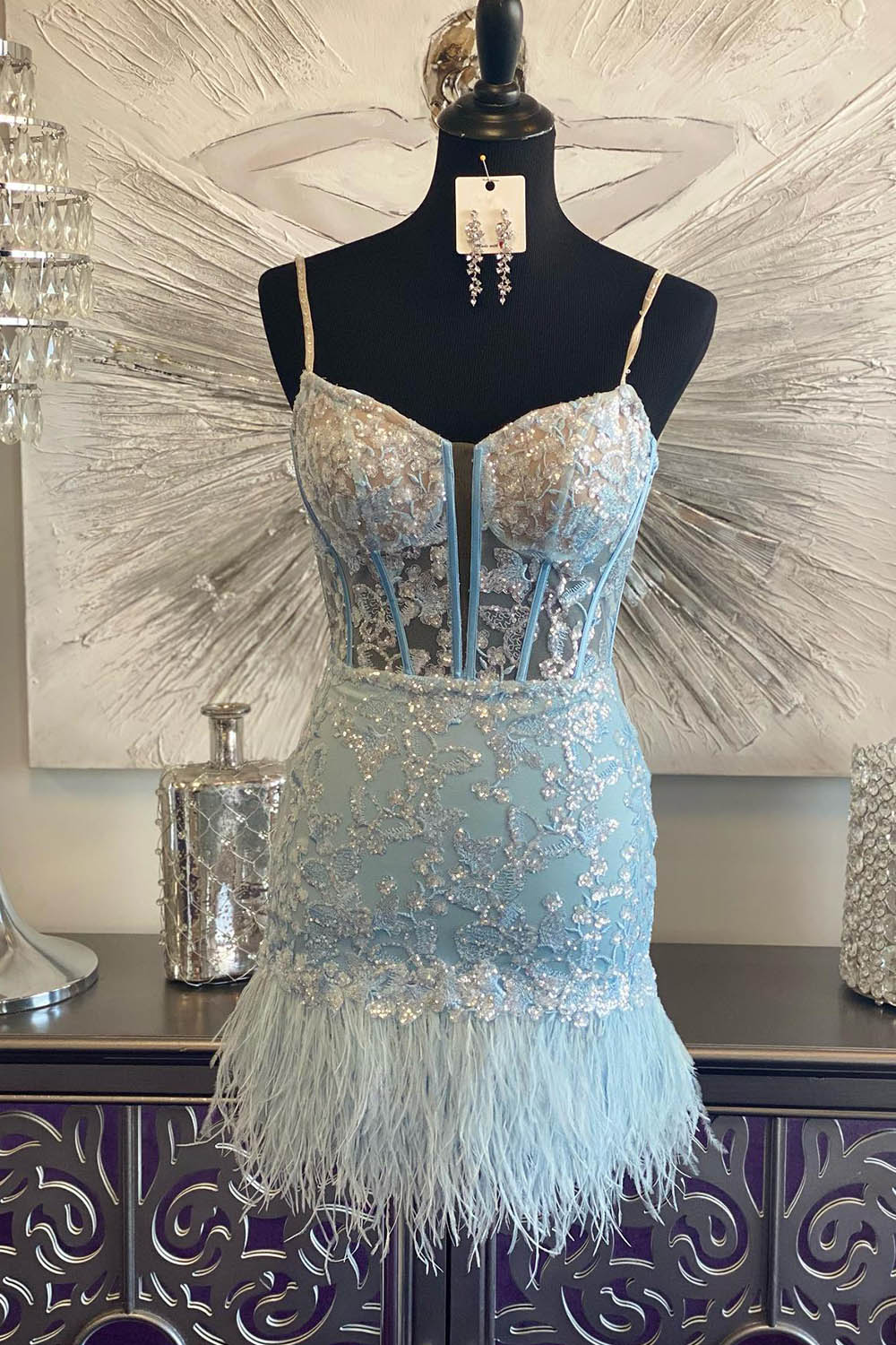 Light Blue Homecoming Dress Corset Lace Tight Short Prom Dress with Feathers