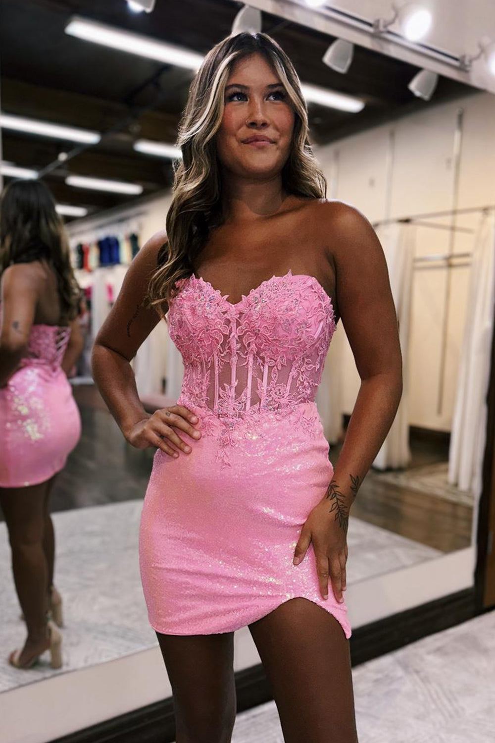 Pink Homecoming Dress Corset Detachable Short Sleeves Sequin Tight Short Prom Dress with Lace