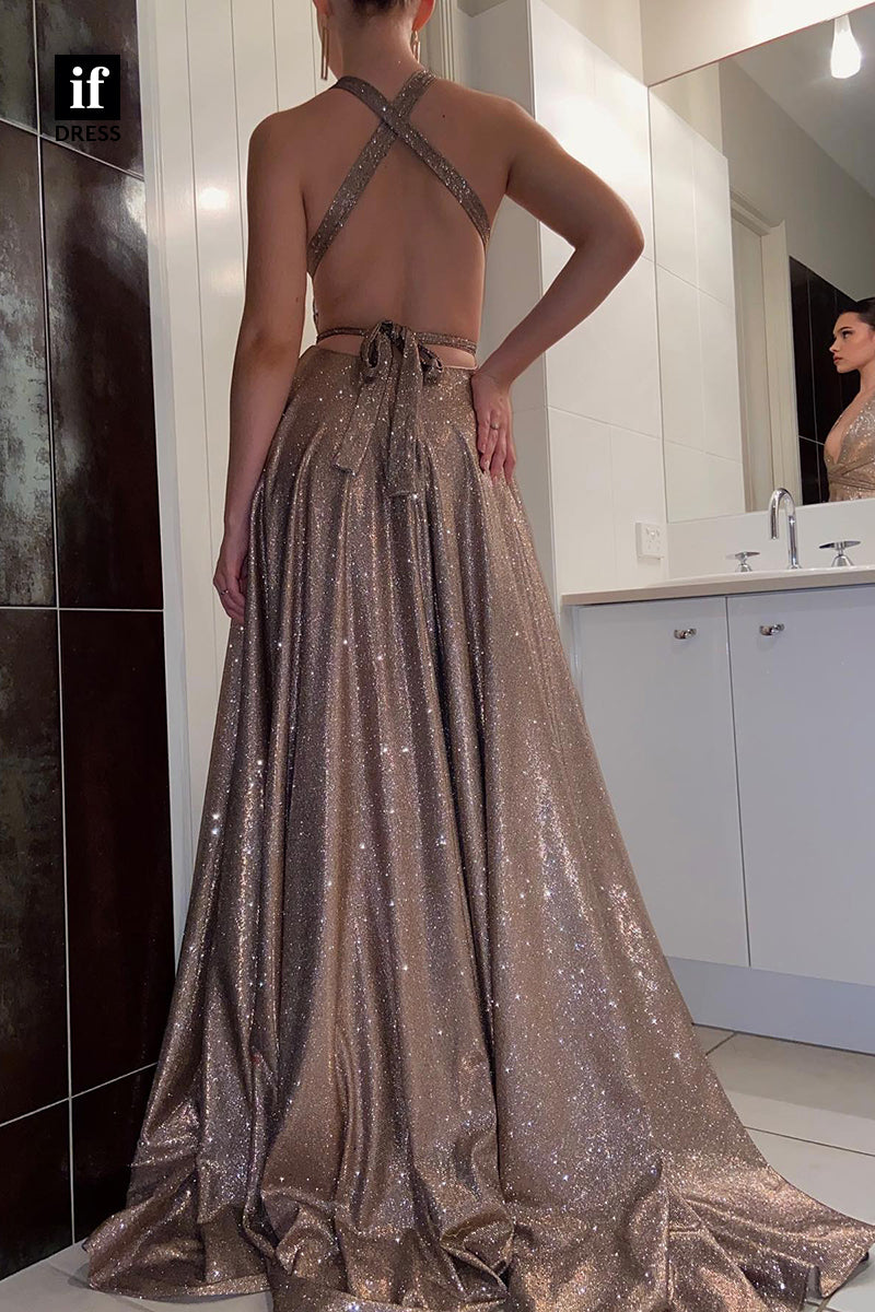 33995 -  Halter Plunging V-Neck Sleeveless Sequined Prom Formal Gown