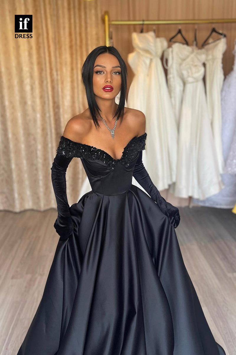 34004 - Honorable A-Line Off-Shoulder V-Neck Long Sleeves Prom Formal Dress