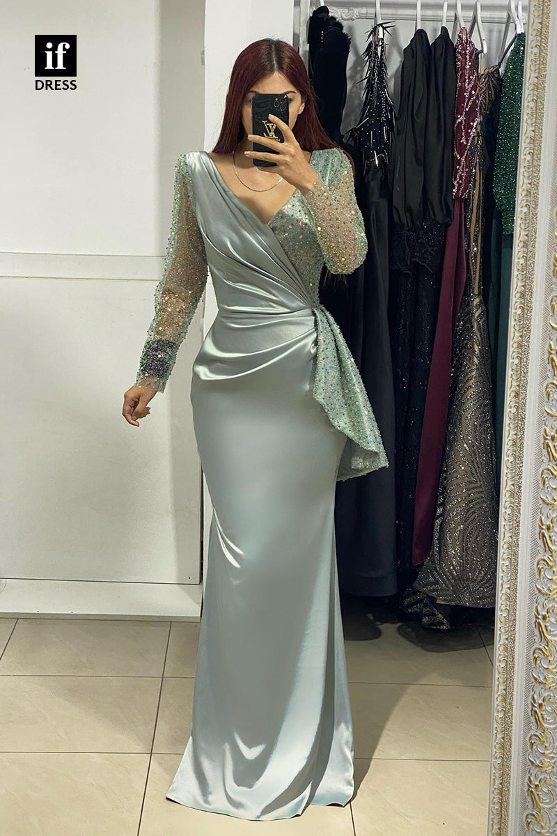 33900 - Elegant Long Sleeves V-Neck Pleats Trendy Sheath Prom Formal Gown