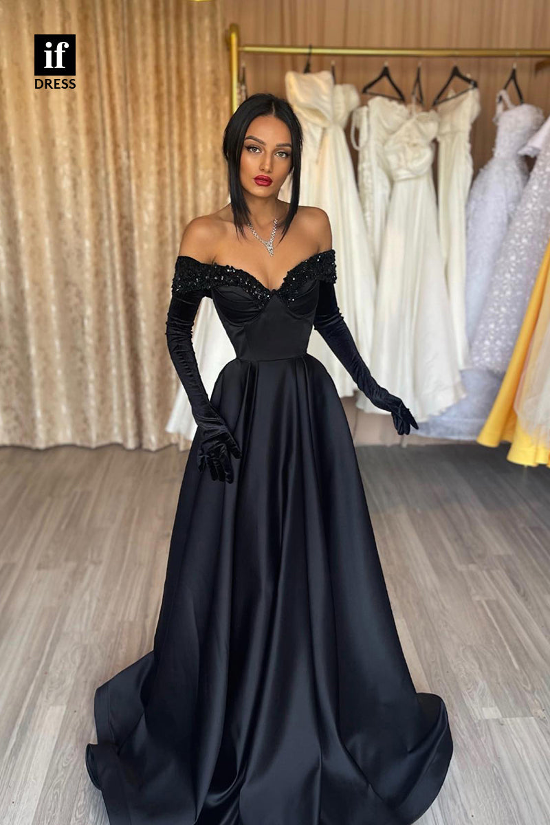 34004 - Honorable A-Line Off-Shoulder V-Neck Long Sleeves Prom Formal Dress