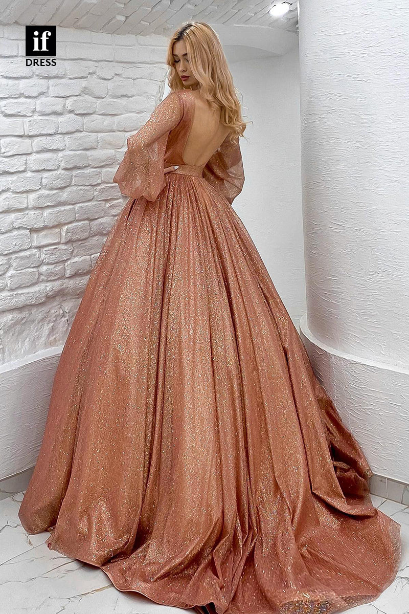 33988 - Elegant Long Sleeves V-Neck Ball Gown Prom Formal Dress