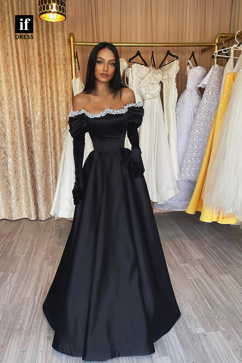 33992 - A-Line Long Sleeves Off-Shoulder Pearls Prom Formal Gown