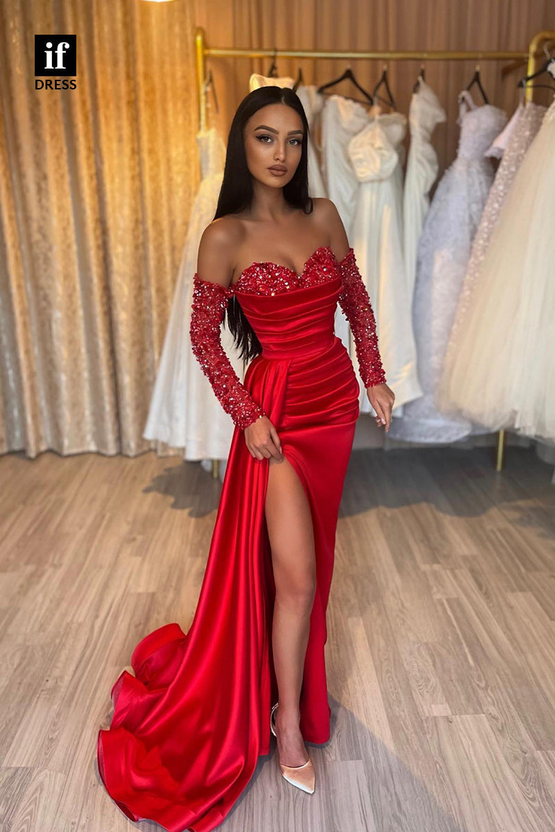 33905 - Off-Shoulder Sweetheart Long Sleeves Pleats Sequins Long Prom Formal Gown