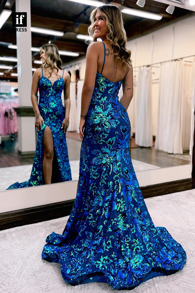 33895 - Spaghetti Straps Backless Sequins Appliques Mermaid Formal Prom Dress