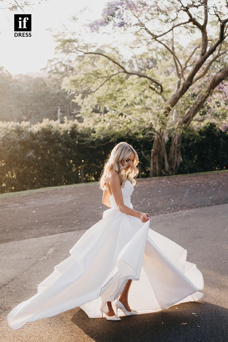 31587 - Generous A-Line Off-Shoulder V-Neck Pleats High Split Wedding Dress