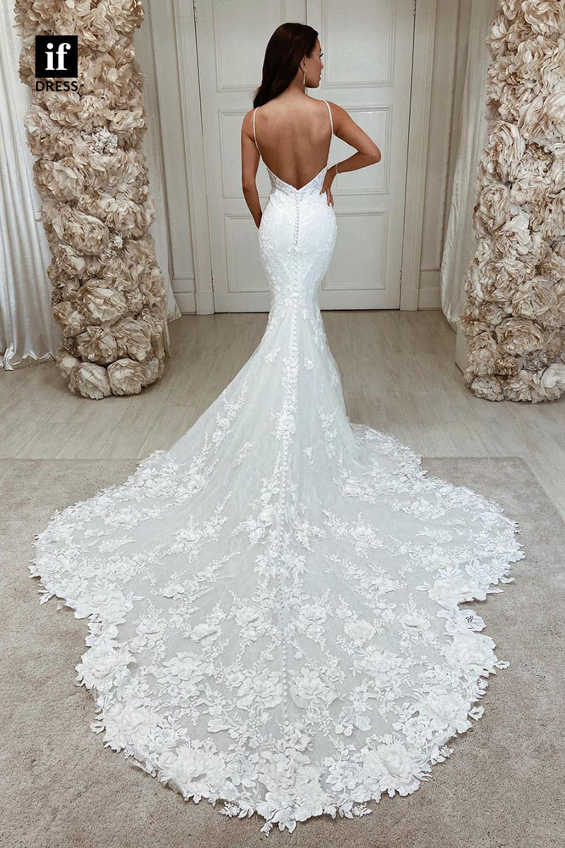 31603 - Elegant Plunging V-Neck Lace Appliques Mermaid Wedding Dress