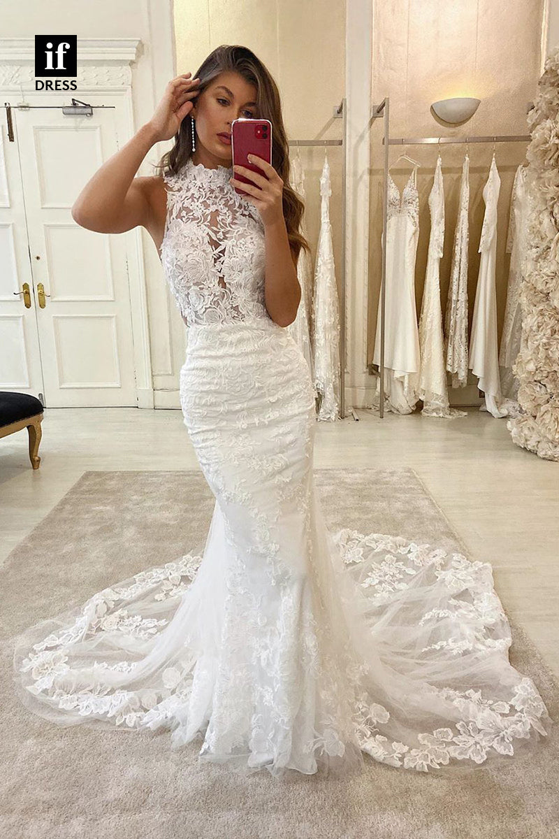 31605 - Charming Sleeveless High Neck Lace Appliques Mermaid Wedding Dress