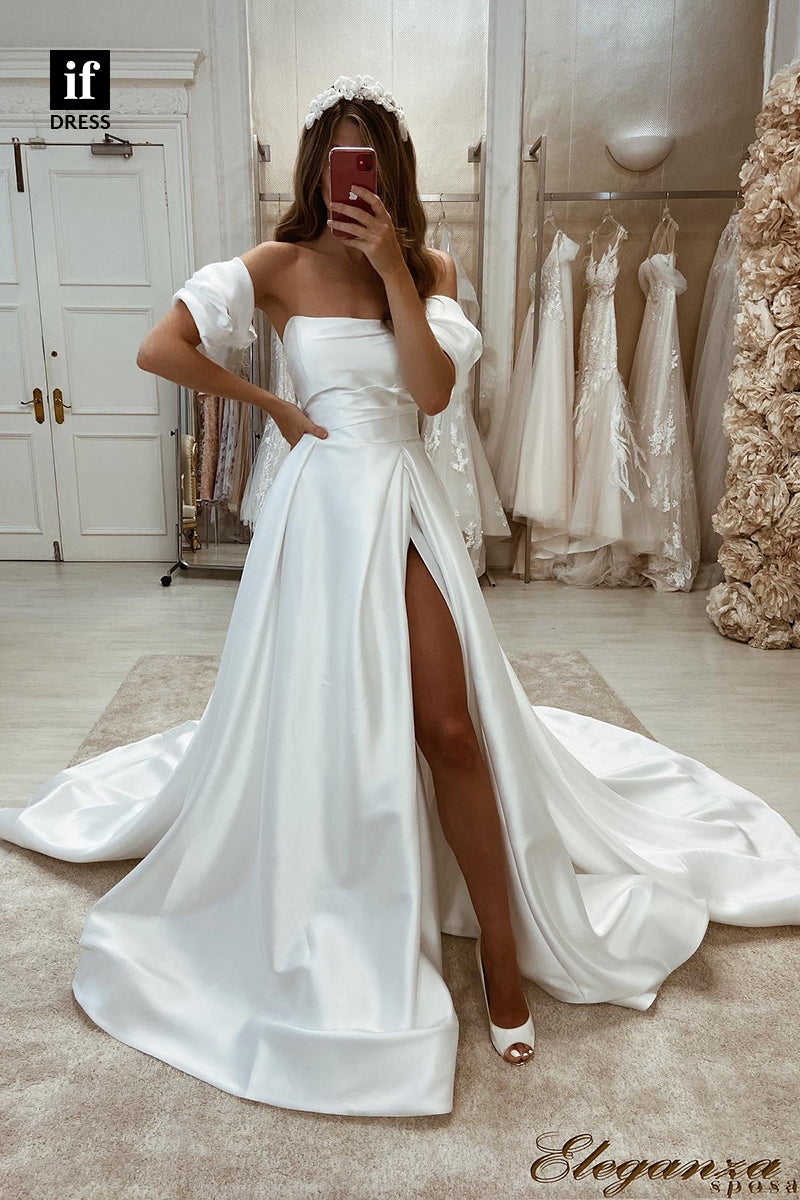 31610 - Classic A-Line Off-Shoulder High Split Satin Wedding Dress