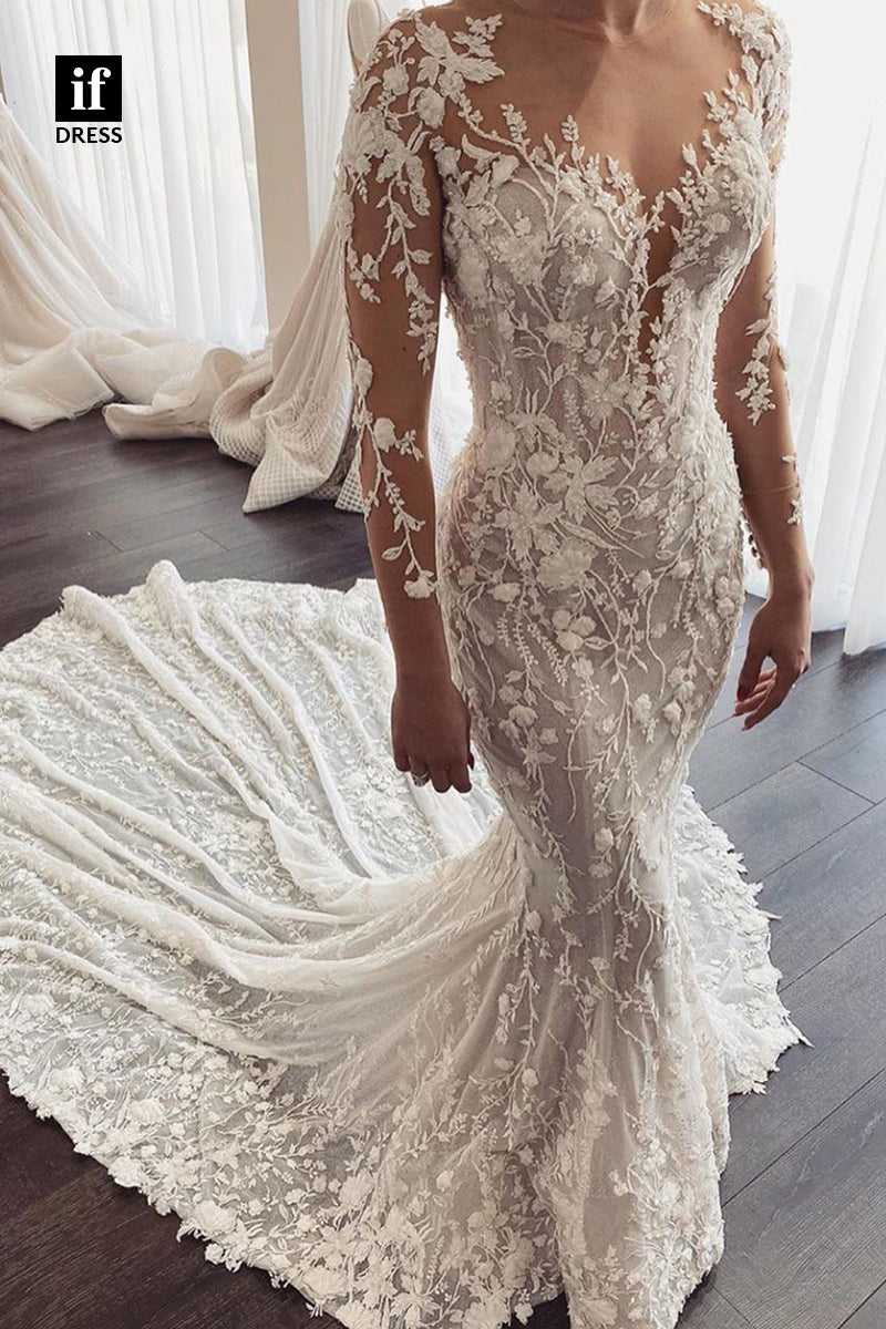 31612 - Luxurious Long Sleeves V-Neck Appliques Mermaid Wedding Dress