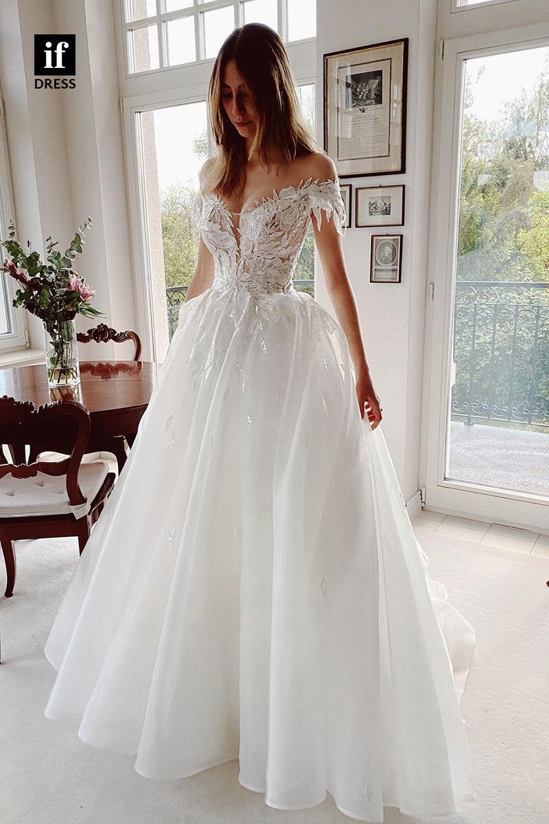 31613 - Modern A-Line Off-Shoulder Cap Sleeves Tulle Beach Wedding Dress