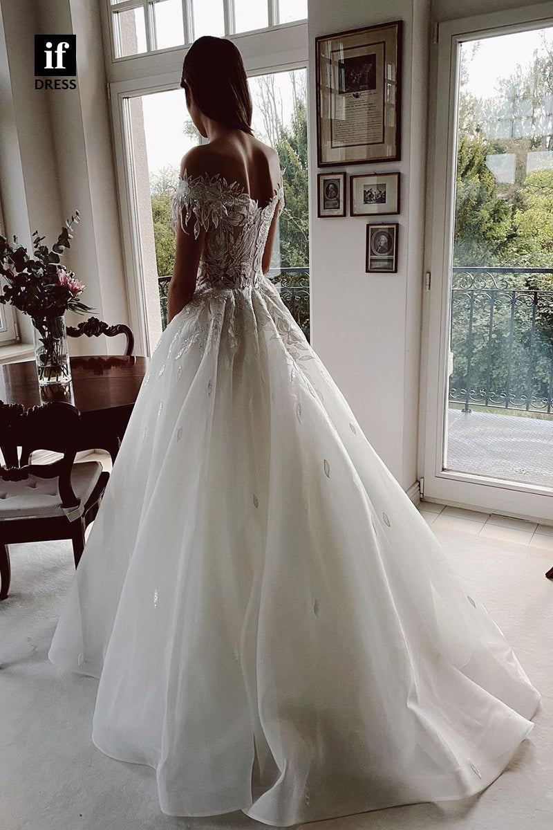 31613 - Modern A-Line Off-Shoulder Cap Sleeves Tulle Beach Wedding Dress