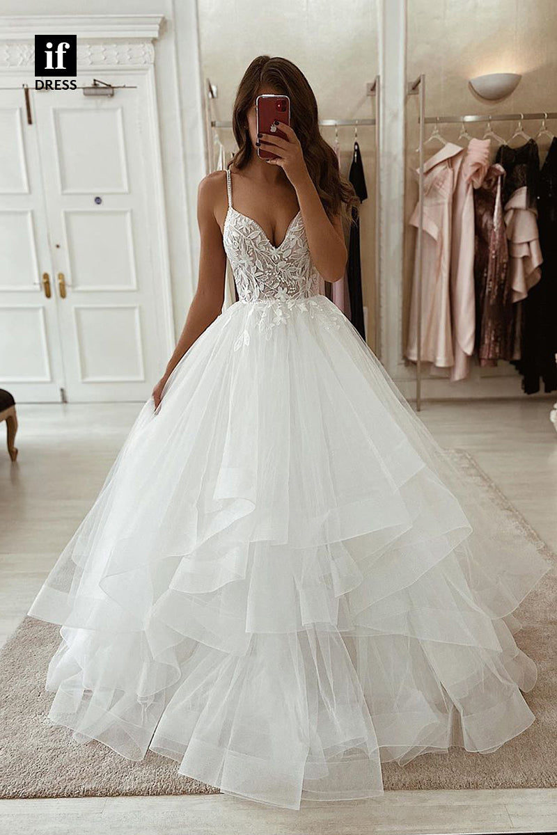 31615 - A-Line V-Neck Spaghetti Straps Tulle Boho Wedding Dress