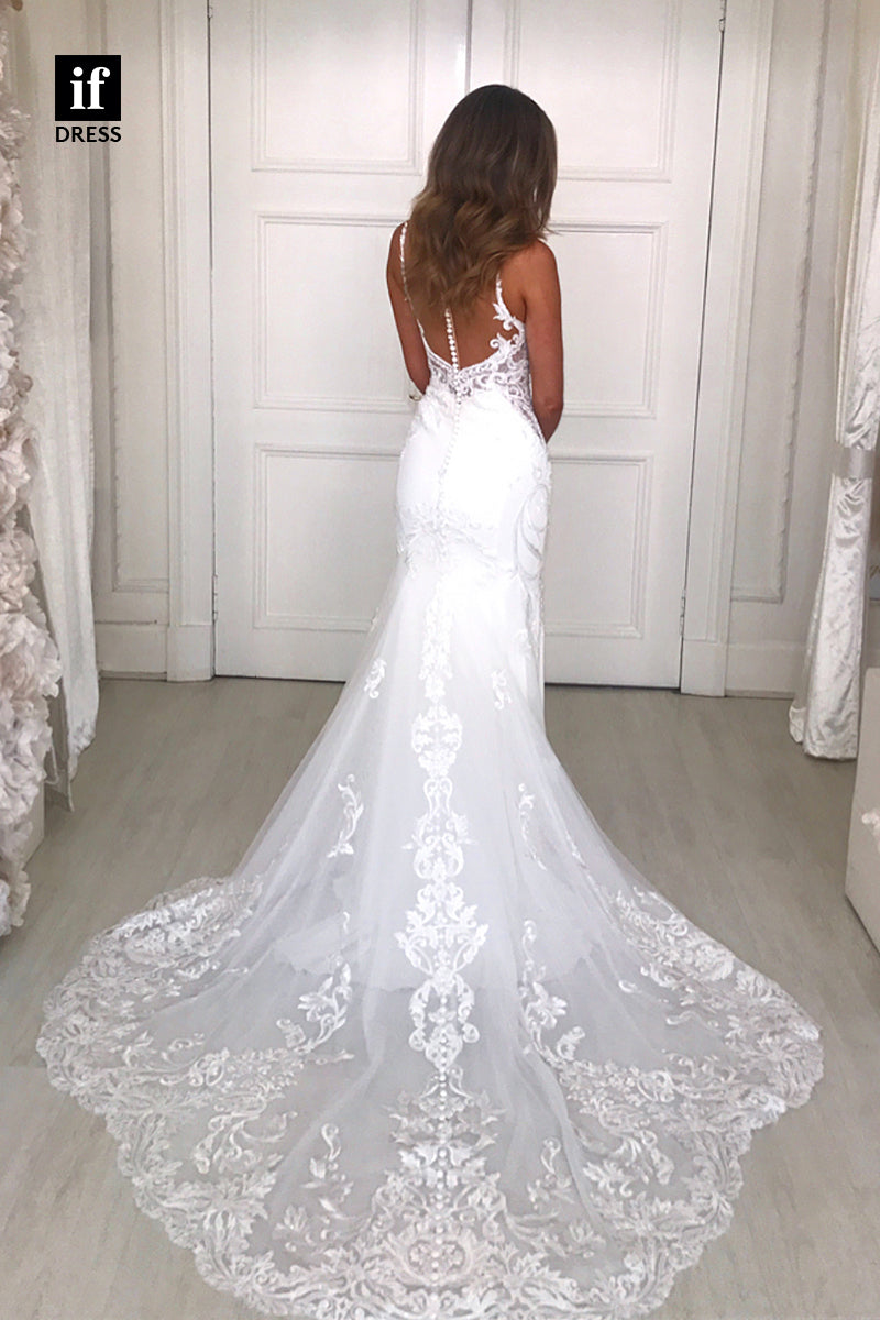 31619 - Spaghetti Straps V-Neck Sleeveless Lace Appliques Beach Wedding Dress