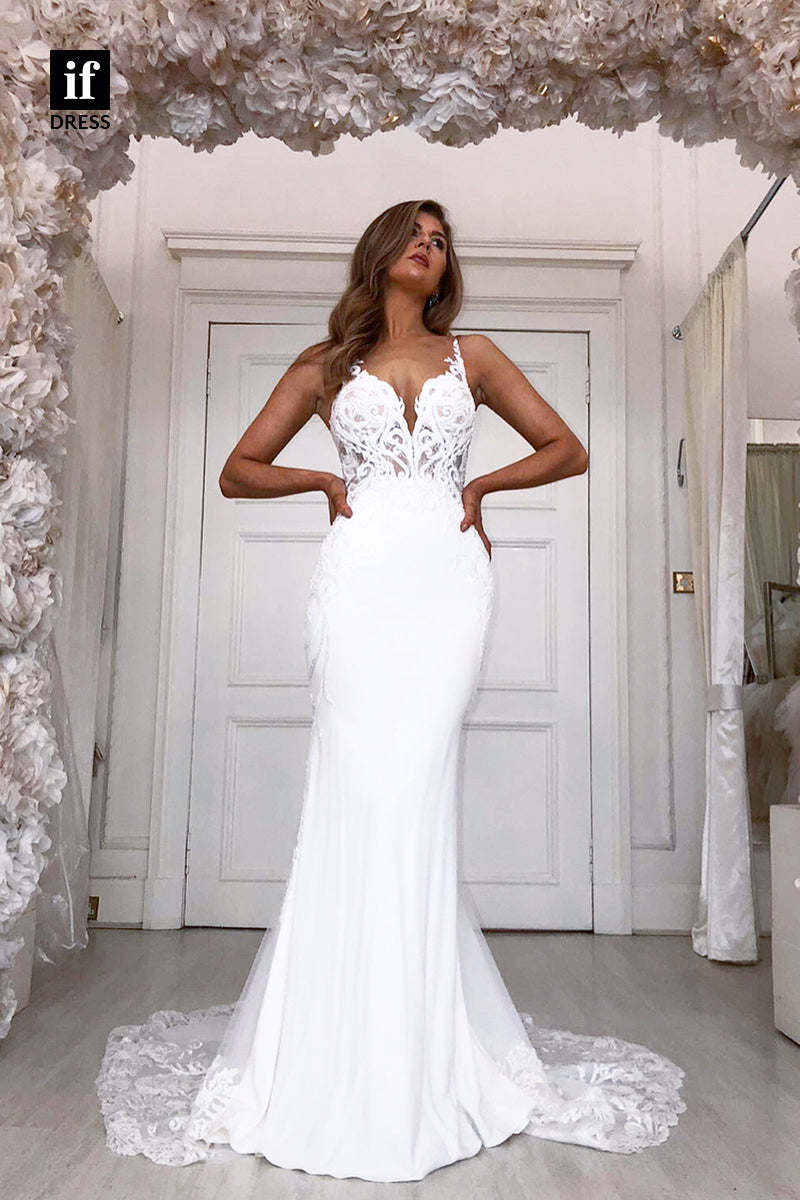 31619 - Spaghetti Straps V-Neck Sleeveless Lace Appliques Beach Wedding Dress