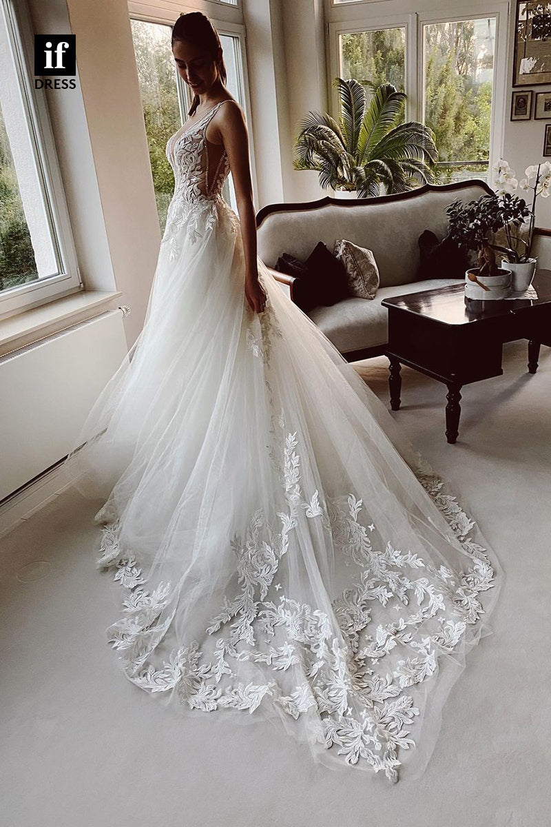 31620 - Plunging V-Neck Double Straps Lace Appliques Boho Wedding Dress