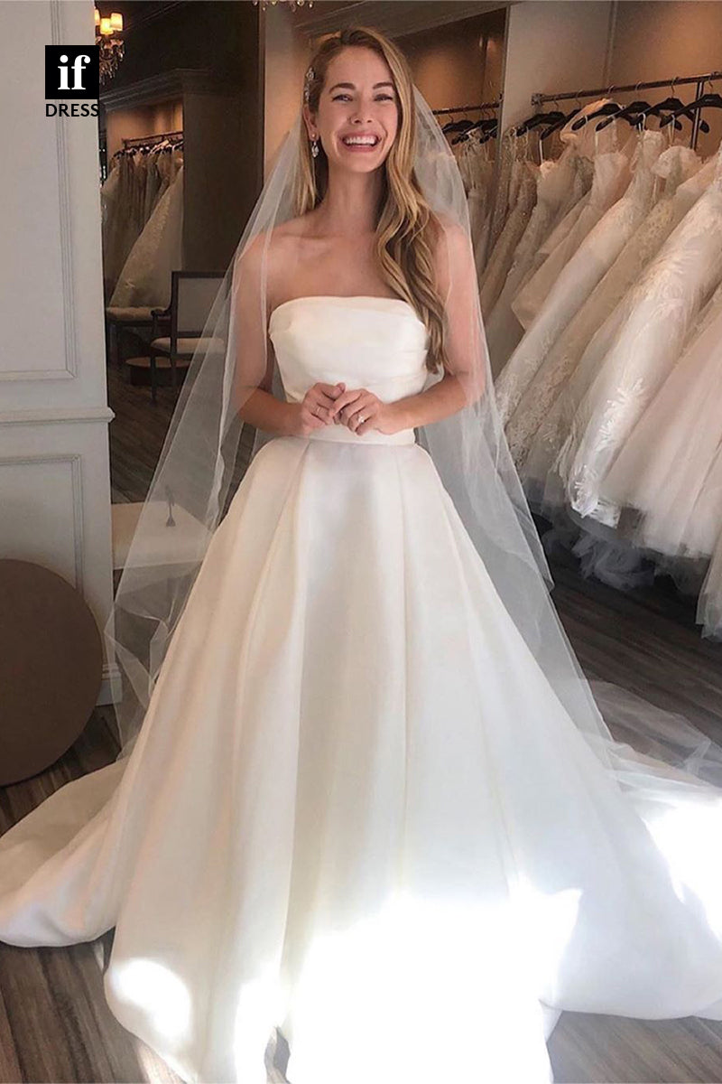 31621 - A-Line Off-Shoulder Sleeveless Satin Beach Wedding Dress