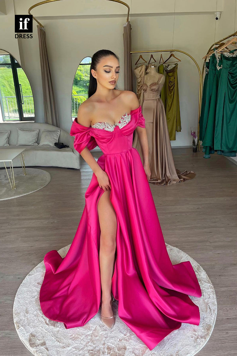 34804 - Elegant A-Line Off Shoulder Pleates Prom Party Formal Dress with Slit