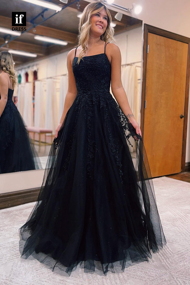 34053 - A Line Scoop Lace Appliques Long Tulle Senior Prom Dress