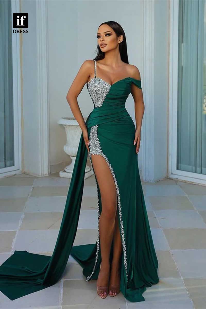 31941 - Chic Beads One Shoulder High Slit Prom Evening Formal Dress