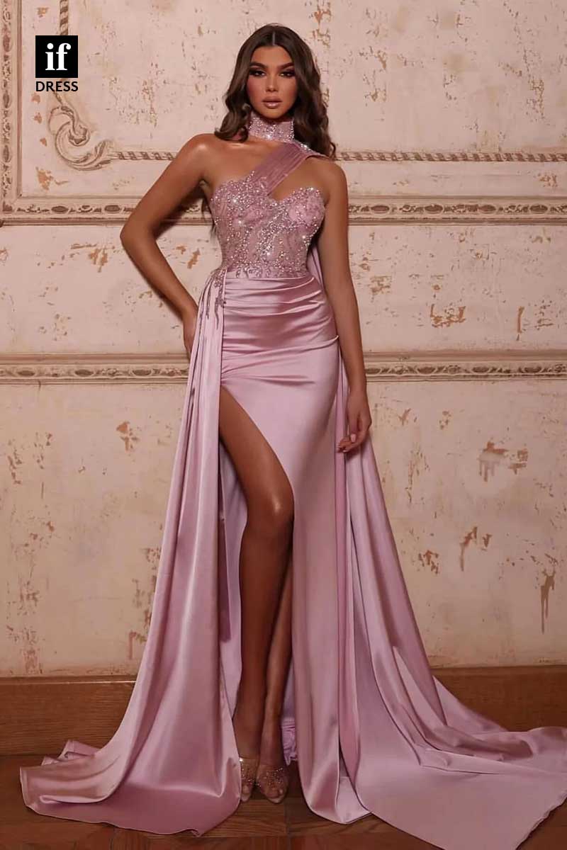 31942 - Gorgeous High Neck Pleats Sequines Appliques Prom Evening Gown