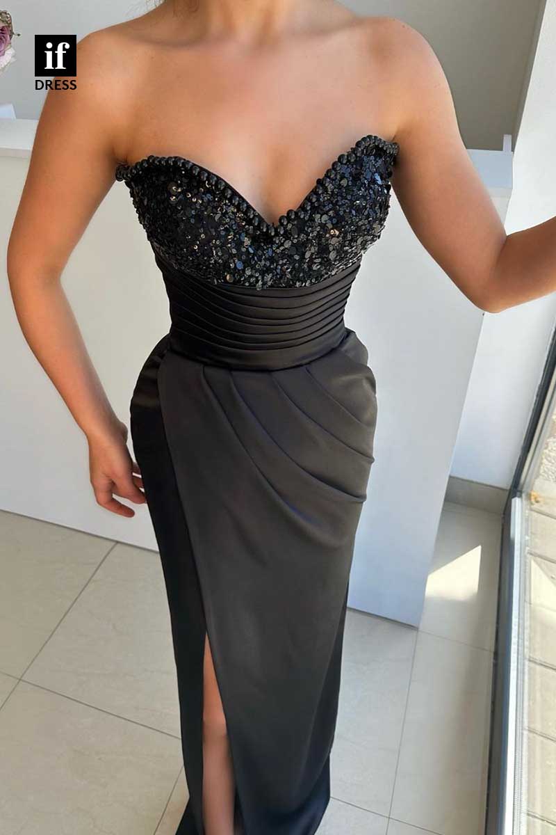 31947 - Chic Strapless V-Neck Beads Pleats Prom Evening Formal Dress