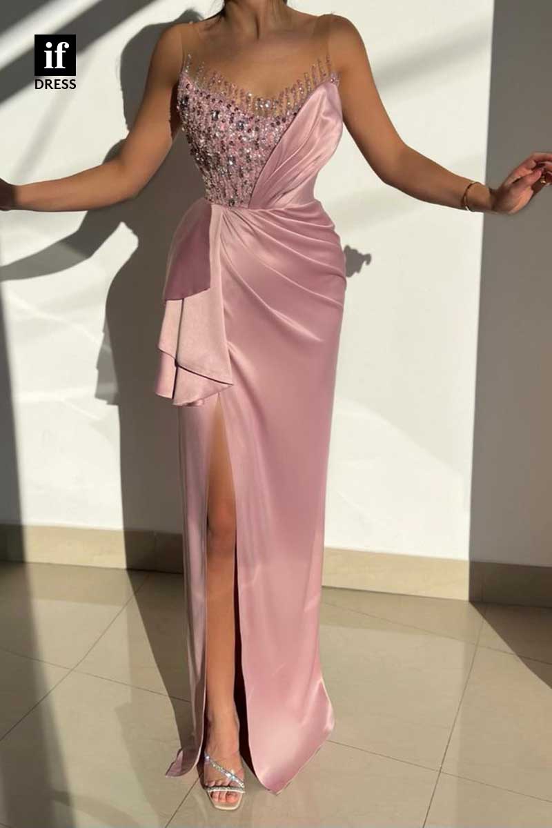 31952 - Gorgeous Beads Straps Pleats Side Slit Prom Evening Party Gown