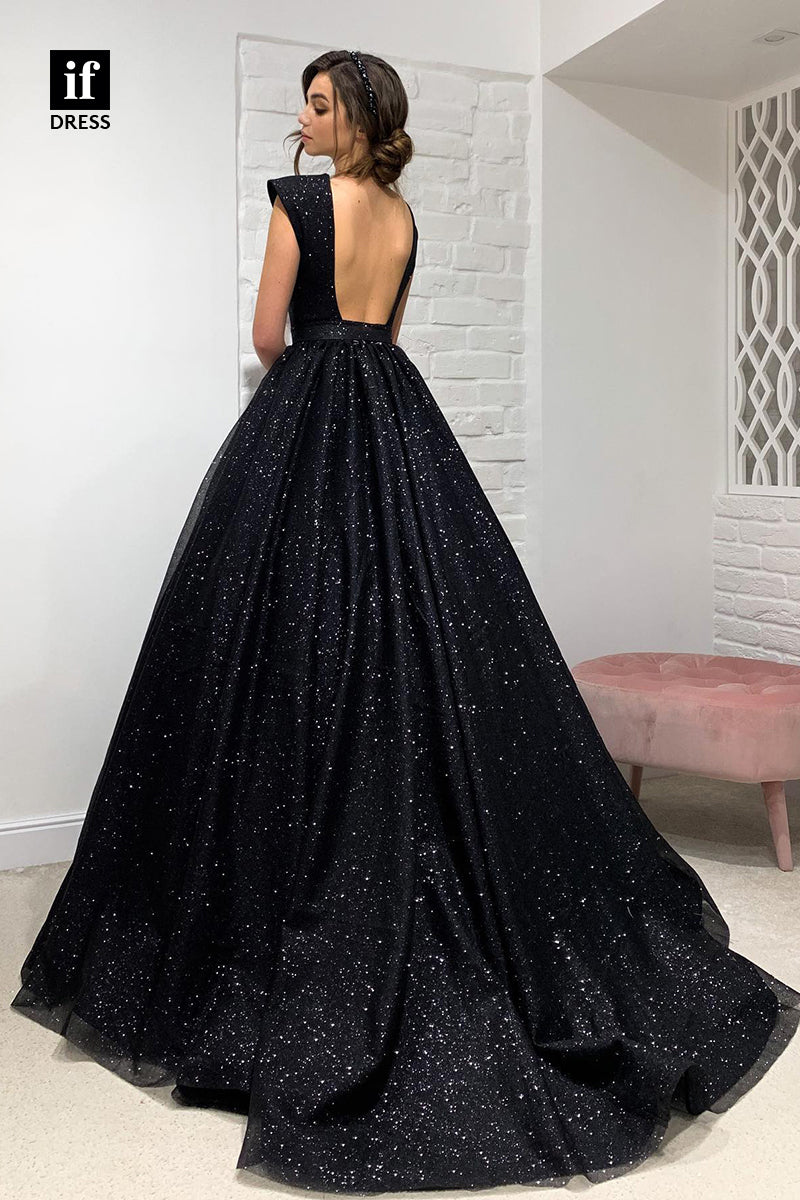 34062 - Attractive Plunging V-Neck Black Sparkly Prom Ball Gown