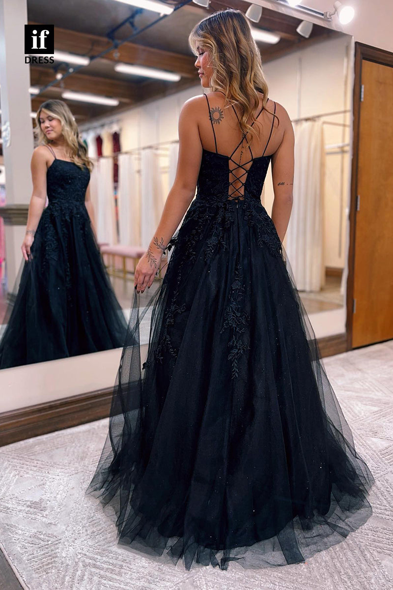 34053 - A Line Scoop Lace Appliques Long Tulle Senior Prom Dress