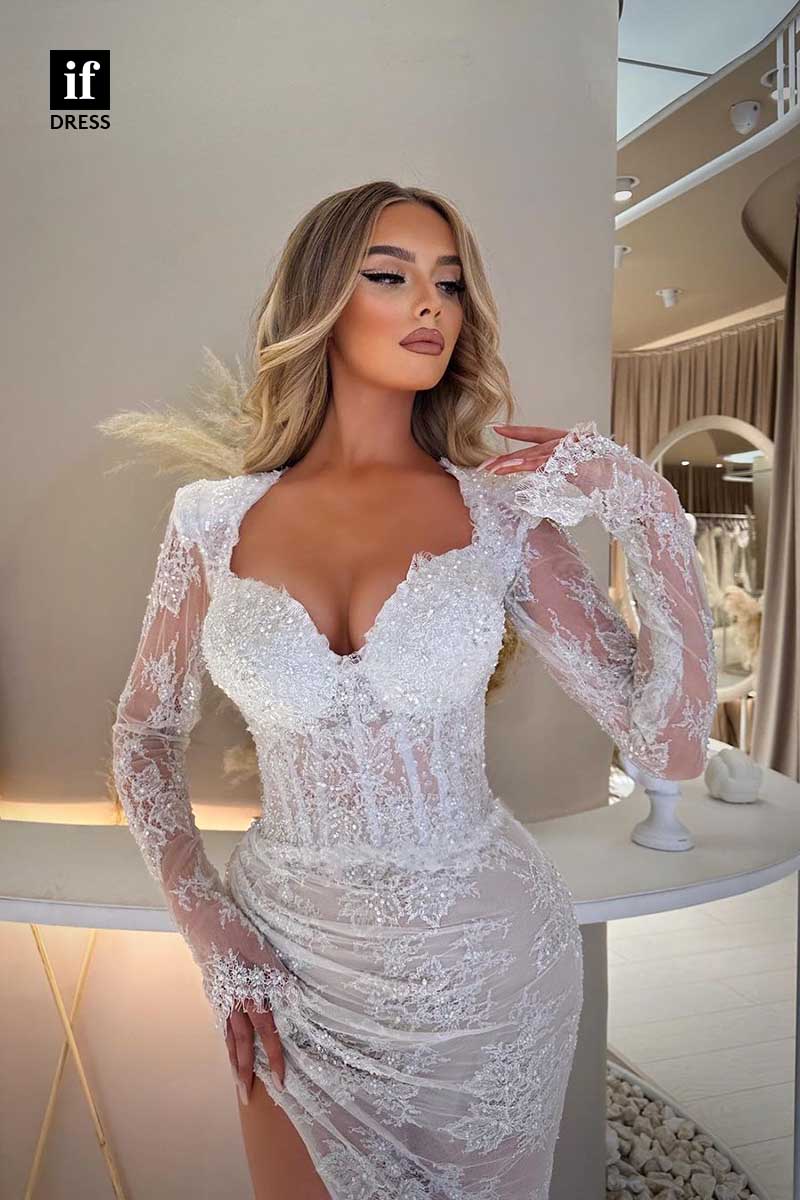 31961 - Romantic Lace Long Sleeves High Slit White Prom Evening Formal Dress