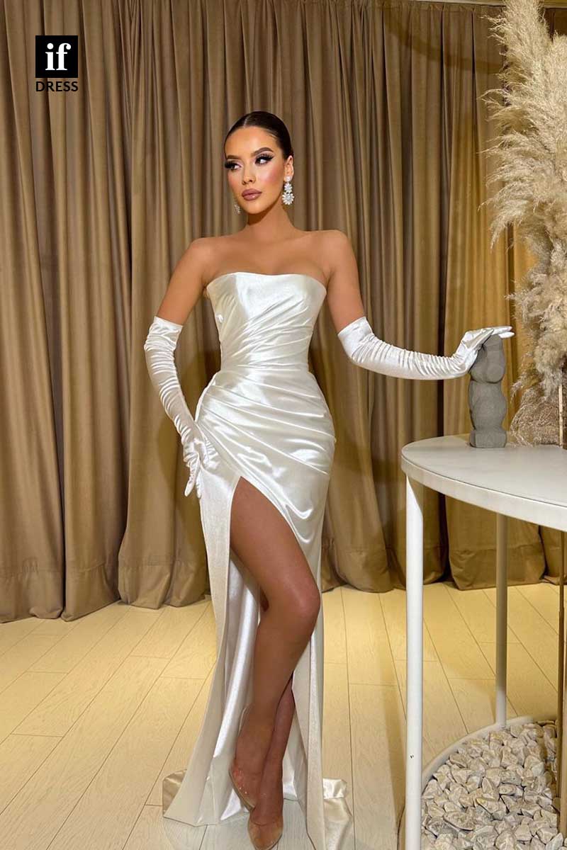 31962 - Elegant Strapless Pleats Side Slit Evening Prom Formal Dress with Gloves