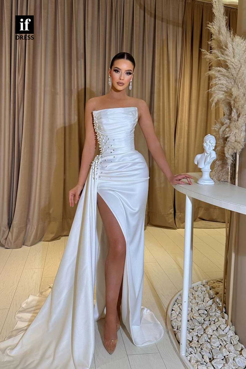 31963 - Chic Strapless Beads Pleats High Slit Prom Evening Formal Dress