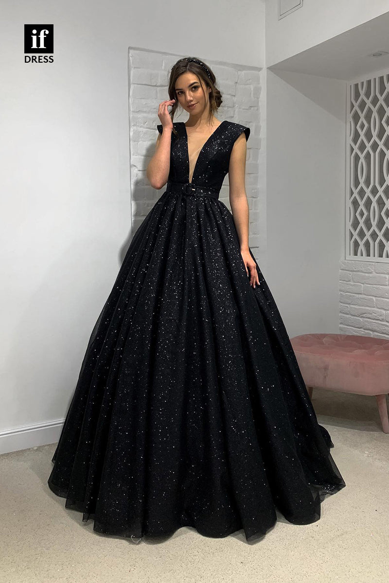 34062 - Attractive Plunging V-Neck Black Sparkly Prom Ball Gown