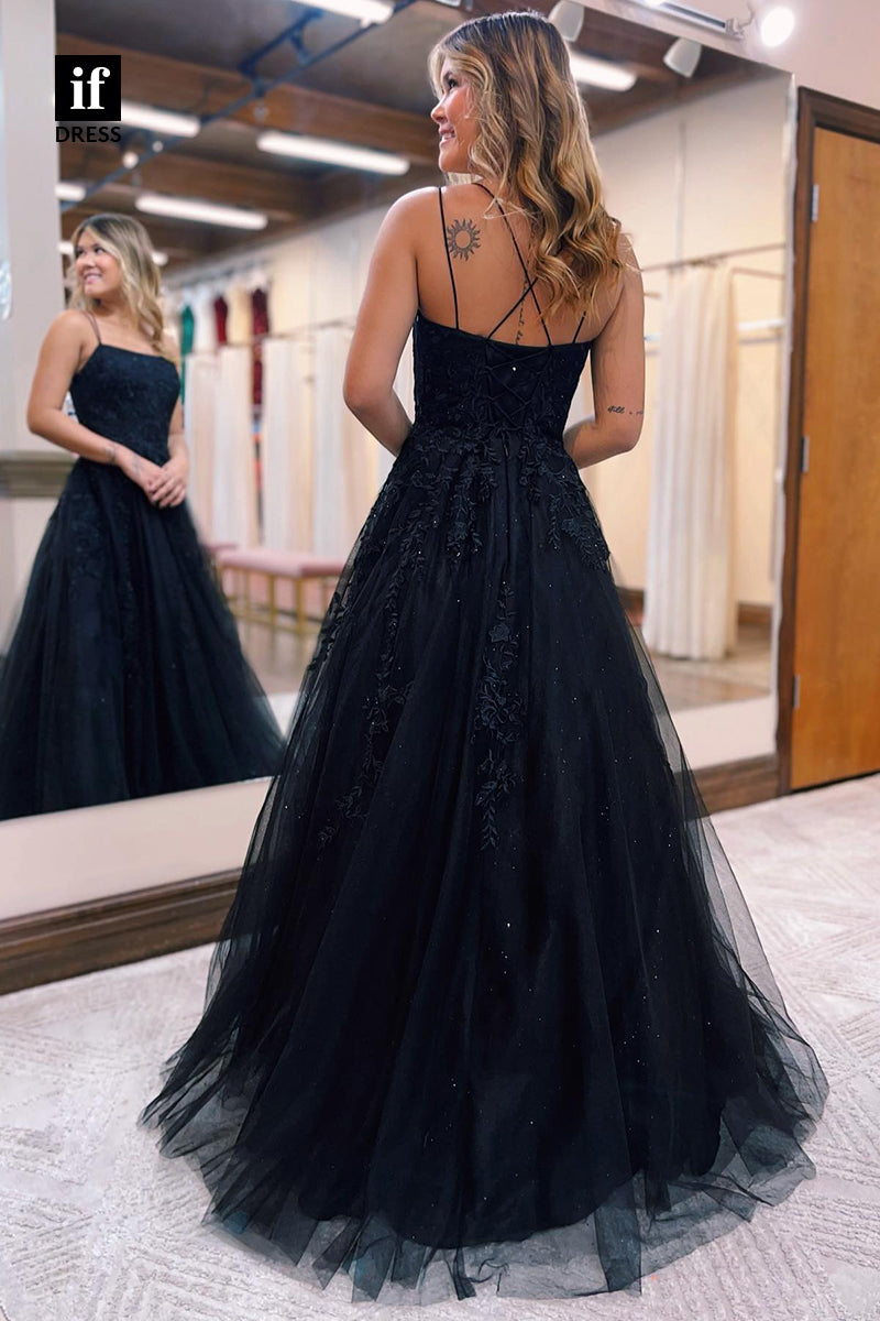 34053 - A Line Scoop Lace Appliques Long Tulle Senior Prom Dress