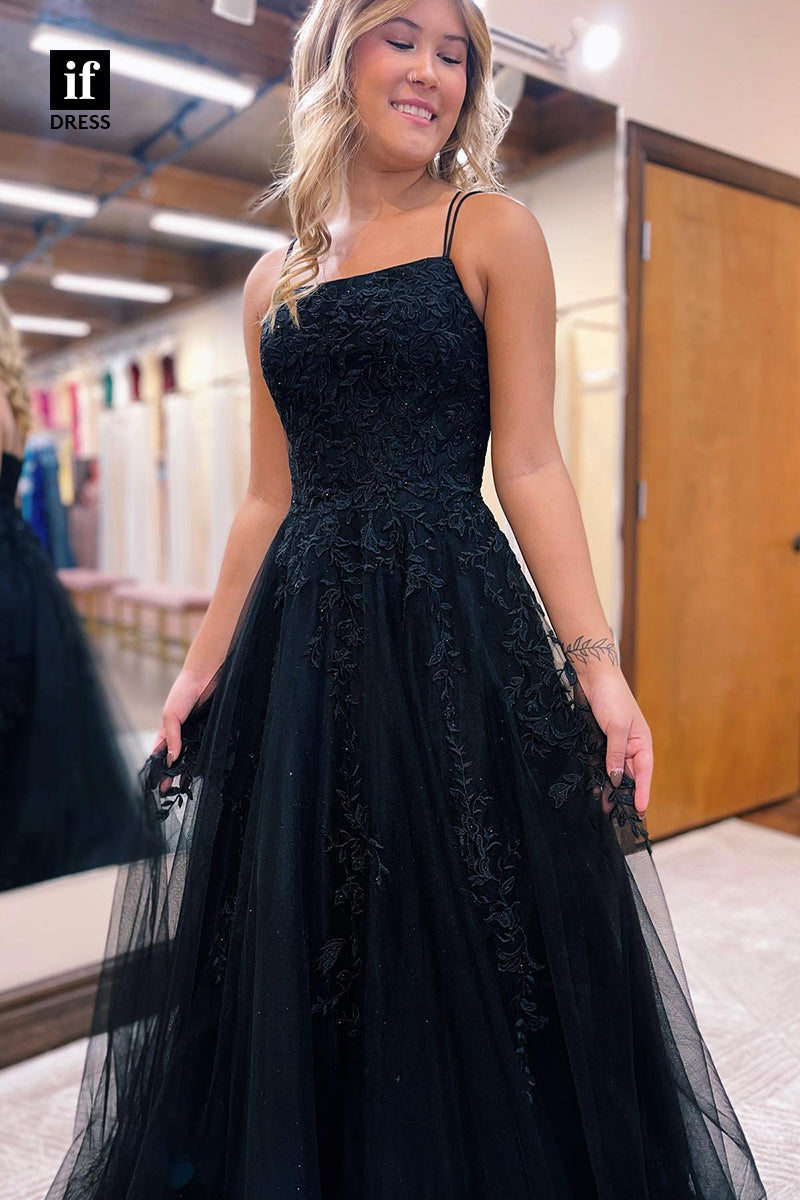 34053 - A Line Scoop Lace Appliques Long Tulle Senior Prom Dress