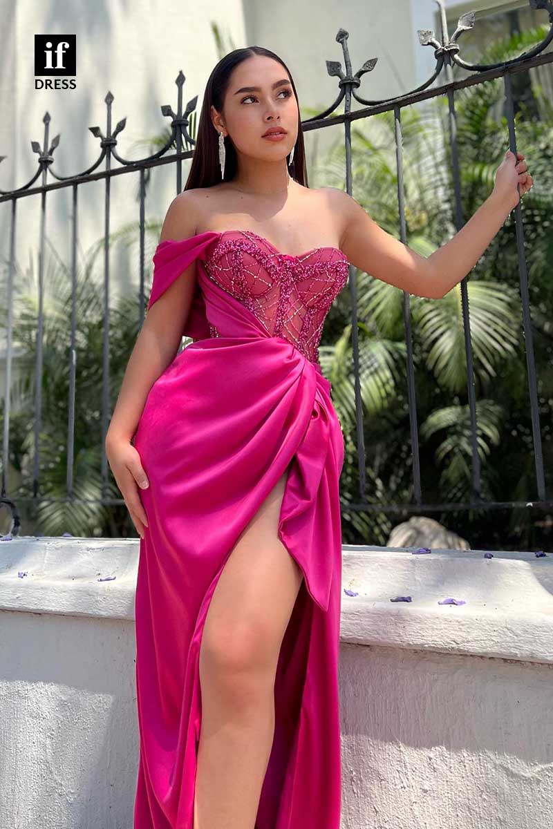 31976 - Stunning Strapless High Slit Pleats Appliques Prom Evening Formal Dress