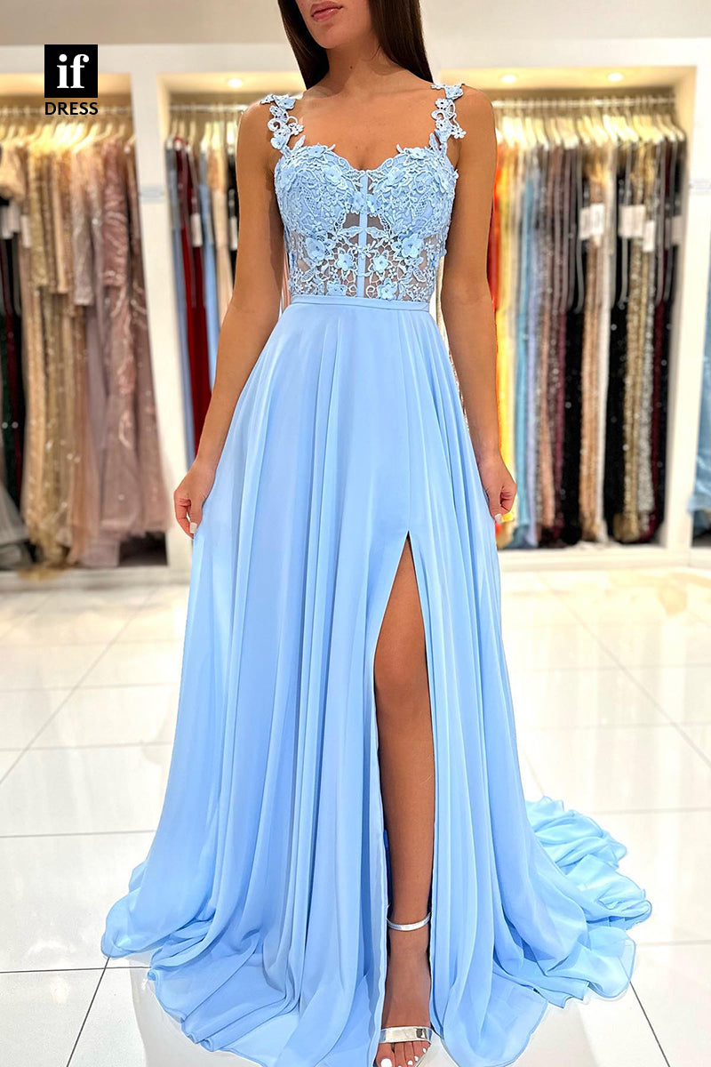 34068 - A Line Lace Top Appliques Long Prom Bridesmaid  Dress with Slit