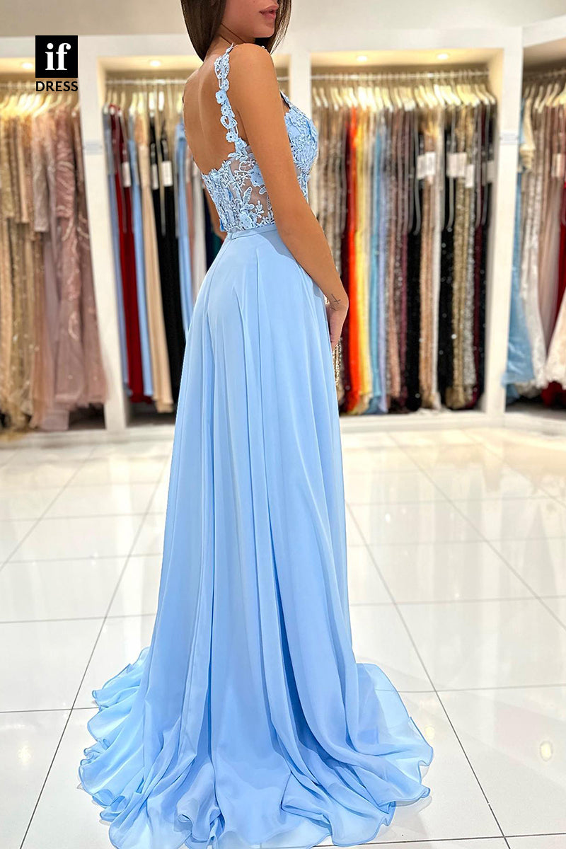 34068 - A Line Lace Top Appliques Long Prom Bridesmaid  Dress with Slit