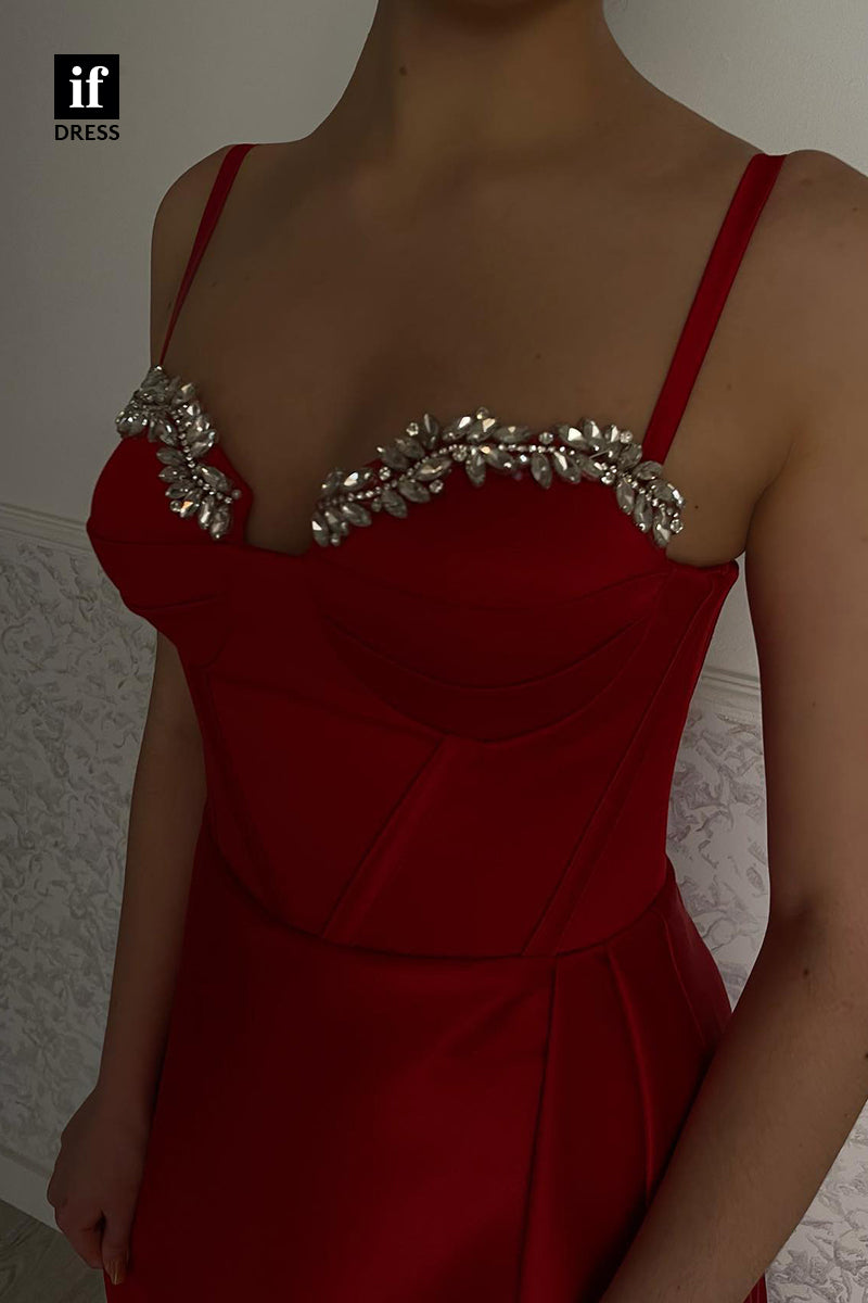 34065 - Charming Spaghetti Straps Beads Side Slit Long Prom Dress