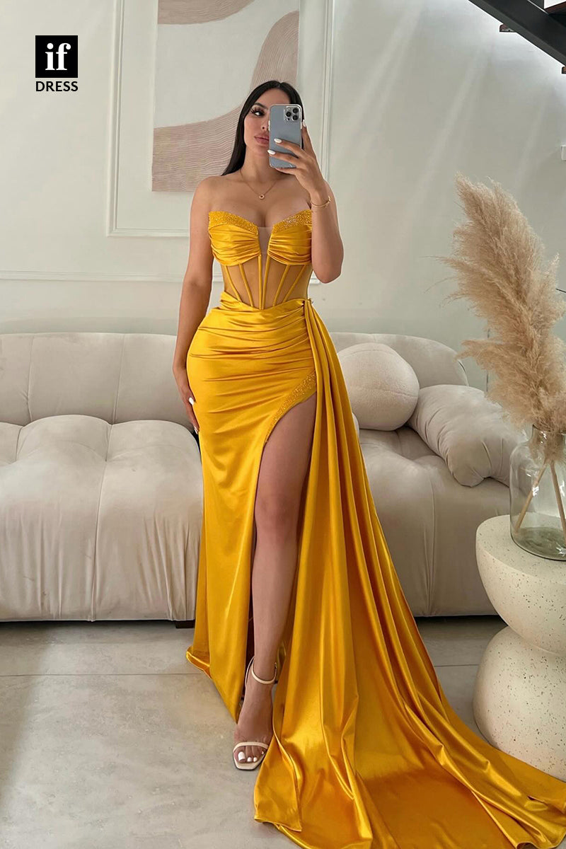 31985 - Strapless Deep V-Neck Beads Pleats Prom Evening Formal Dress with Slit