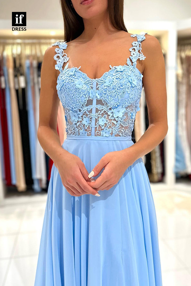 34068 - A Line Lace Top Appliques Long Prom Bridesmaid  Dress with Slit