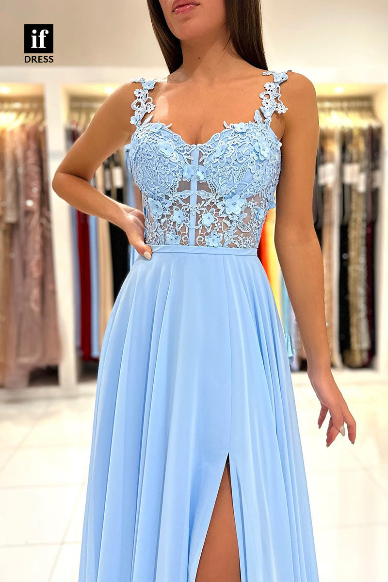 34068 - A Line Lace Top Appliques Long Prom Bridesmaid  Dress with Slit