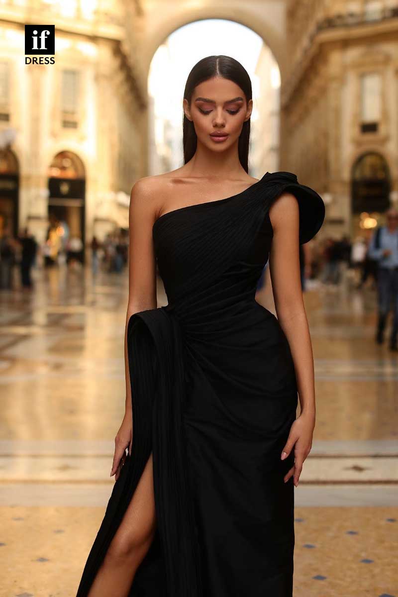 31993 - Chic One Shoulder Pleats Sleeveless High Slit Prom Evening Formal Dress