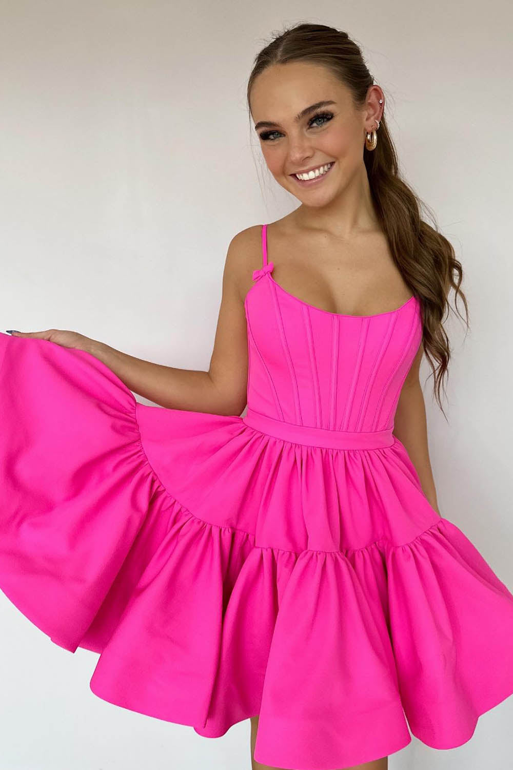 Fuchsia Homecoming Dress Spaghetti Straps Lace-Up Back A-Line Short Satin Prom Dress