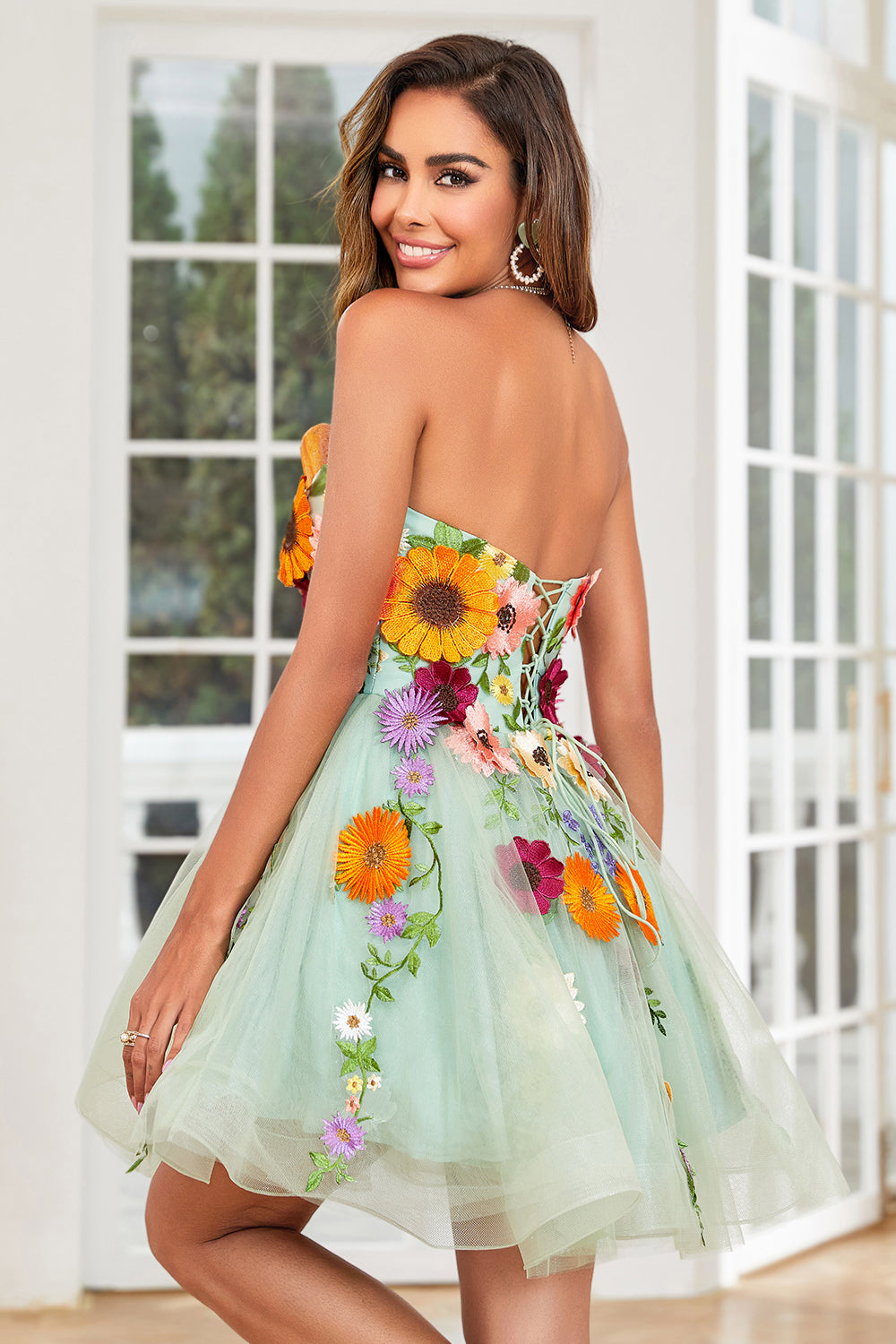 Champagne Homecoming Dress Strapless Prom Dress with 3D Flowers