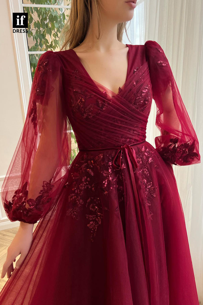 34052 - A Line V-neck Appliques Long Sleeves Burgund Prom Dress with Pockets