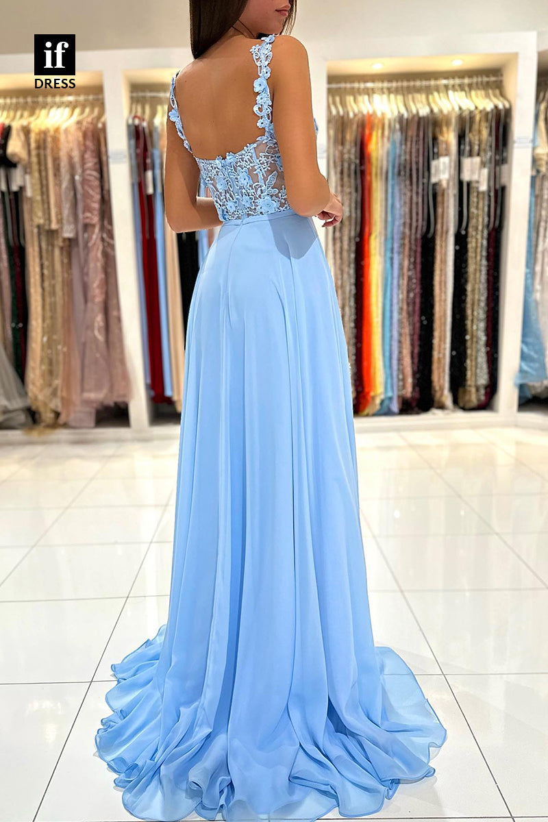 34068 - A Line Lace Top Appliques Long Prom Bridesmaid  Dress with Slit